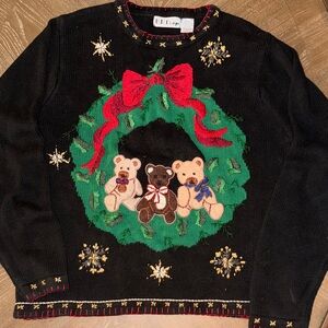 Women’s Festive Black Sweater with Wreath and Bears Size Large